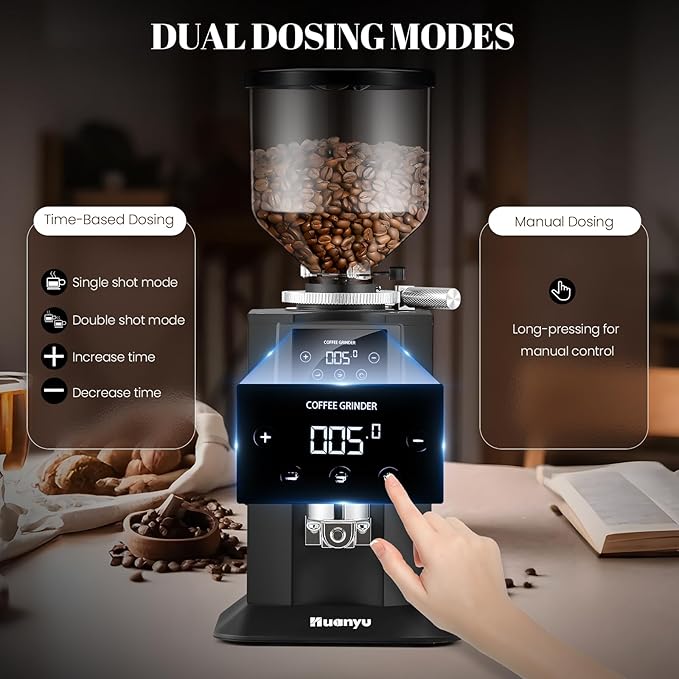 Huanyu Professional Coffee Grinder with 74mm Flat Burr 53ounce Bean Hopper 15 Infinite Grinding Settings Electric Coffee Grinder with Touching Screen Black