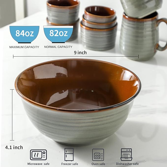 MEKY 84oz Ceramic Serving Bowls,9 In Large Mixing Bowls for Kitchen Prep, Baking, Salad, Pasta, Ramen, Microwave & Dishwasher Safe, Scratch-Resistant, Set of 2, Brown
