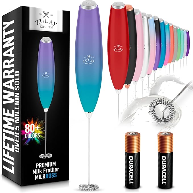 Zulay Kitchen Milk Frother Handheld Electric Whisk with AA Duracell Batteries – Durable Drink Mixer for Coffee, Lattes, Cappuccinos & More - Aurora