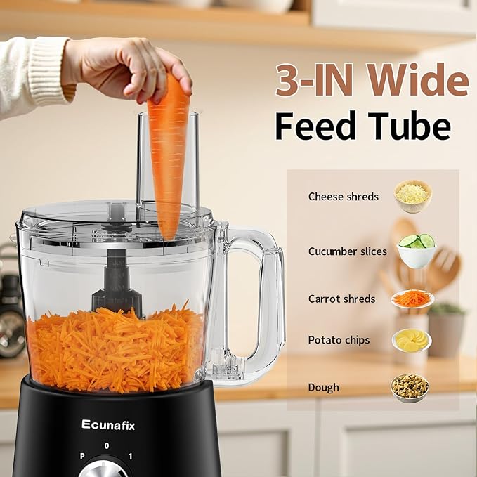 Food Processor and Vegetable Chopper 600W BPA Free 12-Cup Bowl, French-Fry-Cutter, 6.8oz Grinder for Cheese Grating, Ice Creshing, Chopping, Shredding, Slicing, Mixing and Doughing, 2+P Speeds