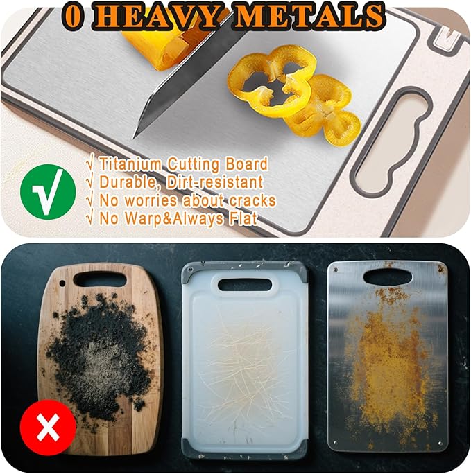 Titanium Cutting Board Professional Double - 2 in 1 Cutting Boards For Kitche, Pure Titanium and Wheat Straw PP, Double Sided 14.4 x 9.8 Inch - Dishwasher Safe, for Fruits, Meat, Vegetables, Camping
