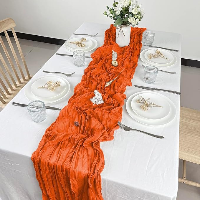 12 Pack Orange Cheesecloth Table Runner 10ft Boho Gauze Cheese Cloth Table Runner Rustic Sheer Runner 120 inch Long for Christmas Wedding Table Decorations
