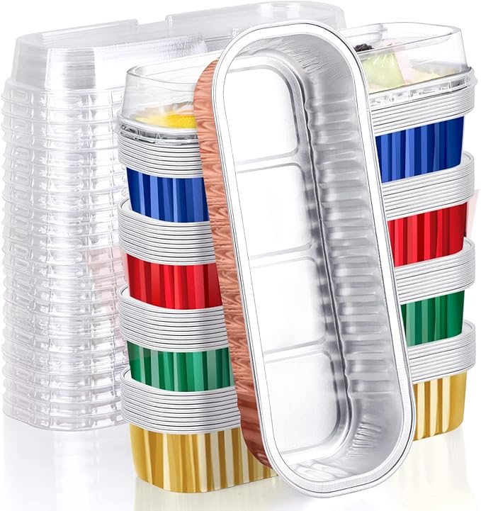 EUSOAR Dessert Cups with Lids, 50pcs 6.8oz 6.5"x2.5"x1.2" Aluminum Foil Baking Cups Mini Loaf Pans Tin Disposable, Ramekins Containers Wrappers Cheesecake Creme Brulee for Party Gathering