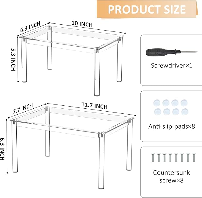 Acrylic Cabinet Organizer Shelf Set of 2, Clear Kitchen Counter Shelves Spice Rack, Pantry Kitchen Storage, Stackable, Expandable, Moisture Resistant