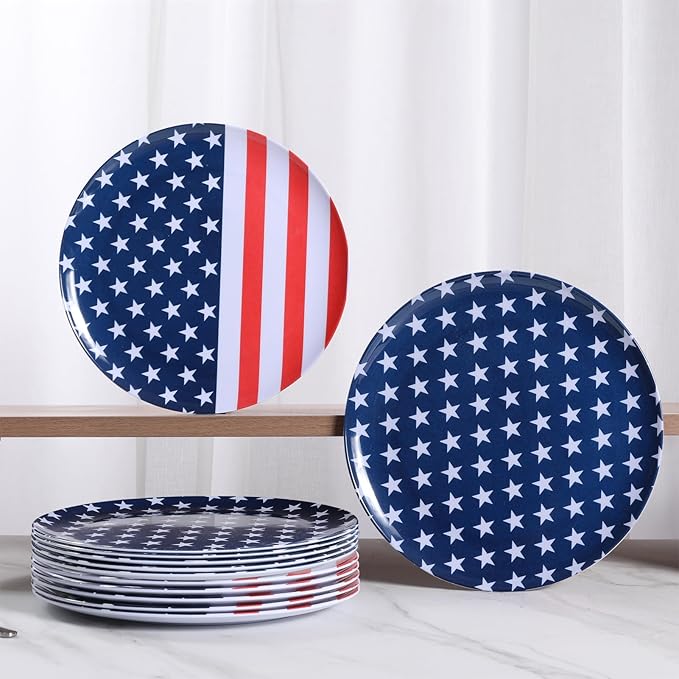 12-Piece Melamine Dinner Plates - 10 Inch Unbreakable Plates for 4th of July Party, Red White Blue Decorations, Lightweight Dinnerware for BBQ, Picnic, Independence Day - Mixed Colors