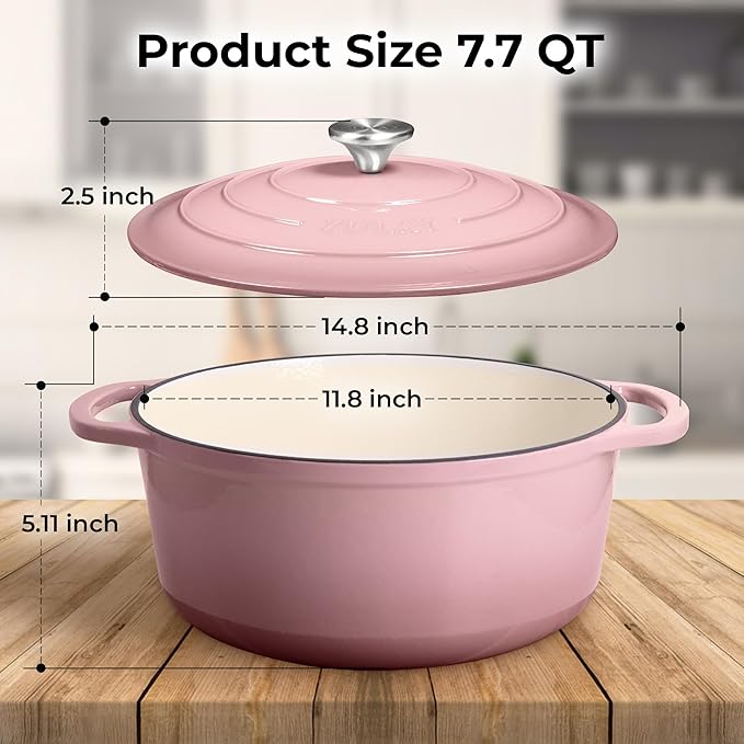 Zulay Kitchen 7.7 Quart Enameled Cast Iron Dutch Oven with Lid, Silicone Trivet & Heat Pad – Premium Durability & Oven Safe up to 500°F – Heavy Duty Cookware Perfect for Bread Baking, Stews, Braising & Roasting – Pink