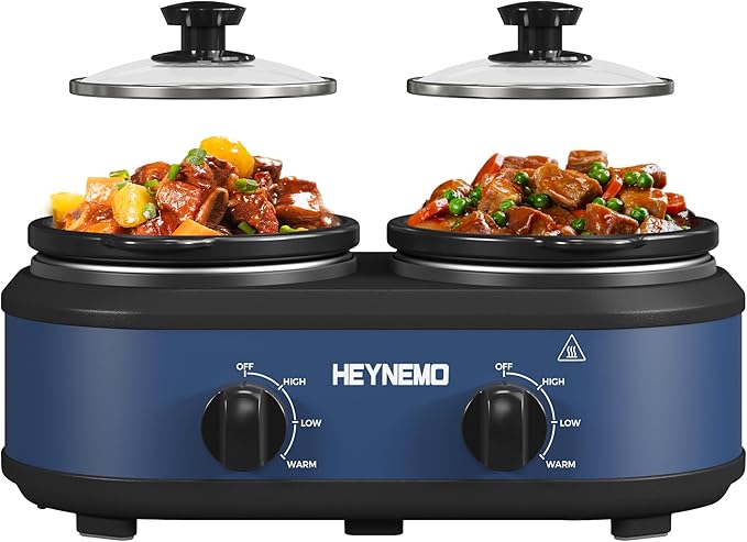 Double Slow Cooker, Buffet Servers and Warmers, Dual 2 Pot Slow Cooker Food Warmer, Adjustable Temp Dishwasher Safe Removable Ceramic Pot Glass Lid, 2 x 1.25 QT Portable Small Crock Cooker,Blue