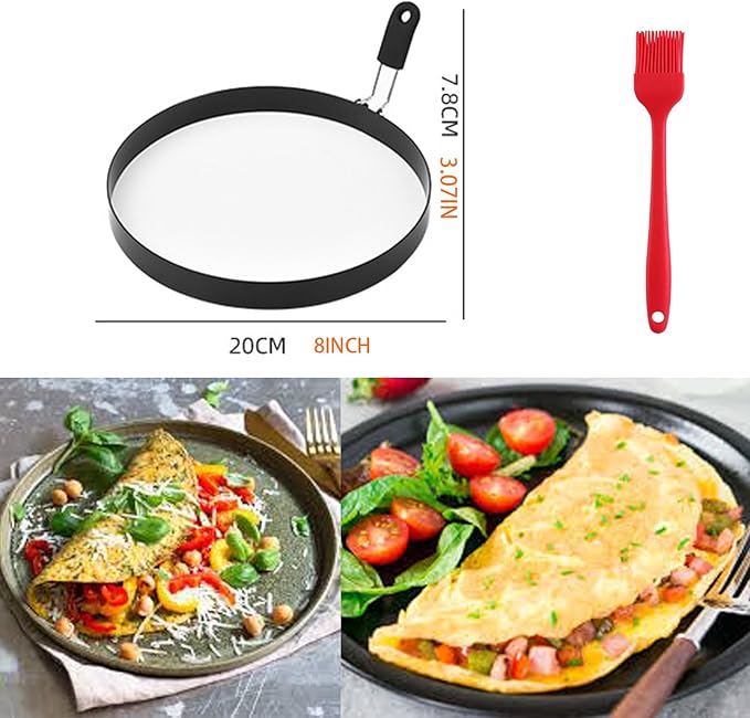 8" Omelette Ring for Griddle,2 Packs Non-stick Stainless Steel Omelette Ring Pancake Mold Griddle Omelet Mold with Silicone Handle for Sandwich Muffins