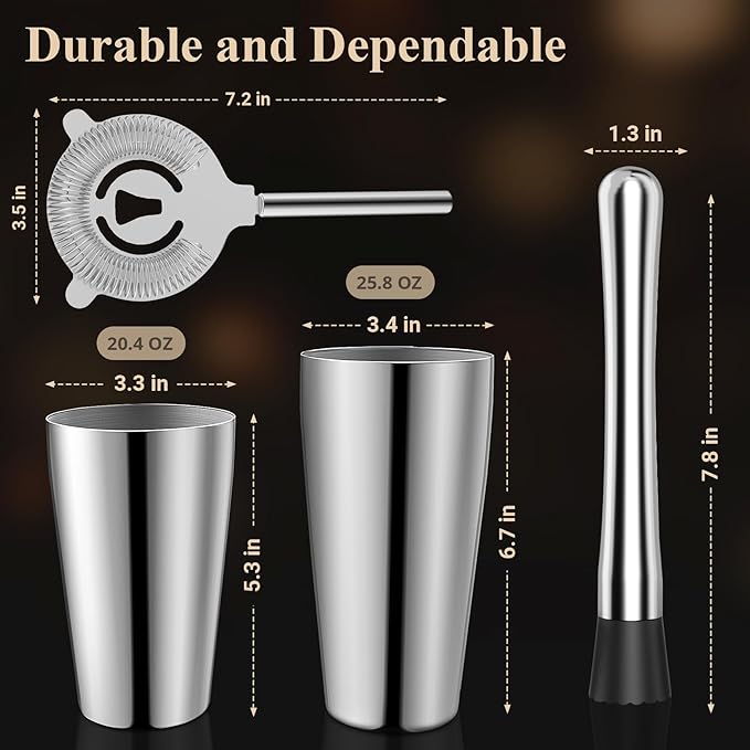 Mixology Bartender Kit, 4-Piece Pro Stainless Steel Cocktail Shaker Set, bar Set Cocktail Shaker Set, Cocktail Tin for Bartending