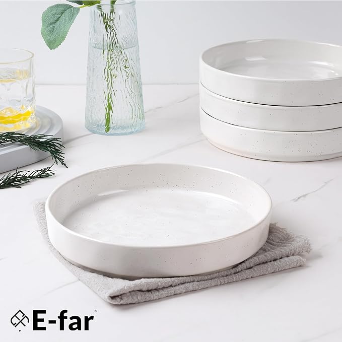 E-far Pasta Bowls Set of 4, 30oz Shallow Salad Bowls for Dinner Serving, 8.25" Stoneware Ceramic Bowl Plates for Noodle Soup, Microwave & Dishwasher Safe, Glossy Porcelain, Speckled White