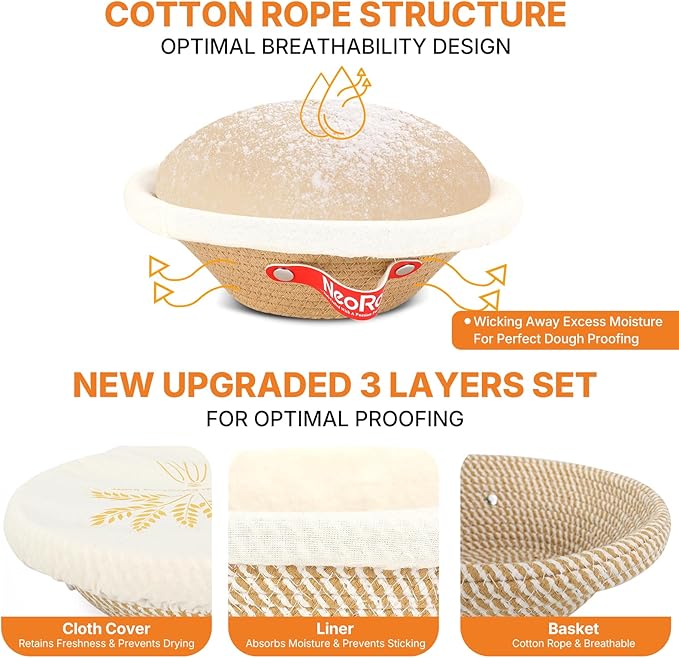 Banneton Bread Proofing Basket Set - 2X Round Sourdough Proofing Baskets - Sourdough Proofing Bowls Bread Baking Supplies With Liner & Cloth Cover - Cotton Rope Banneton Basket for Baking