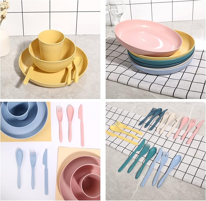 Wheat Straw Dinnerware Sets -DAPIPIK 36 Piece Unbreakable Dinnerware Sets for 6, Wheat Straw Plates and Bowls Set, Lightweight Camping Plates Cups and Bowls Set.Dishwasher Microwave Safe Dinnerware