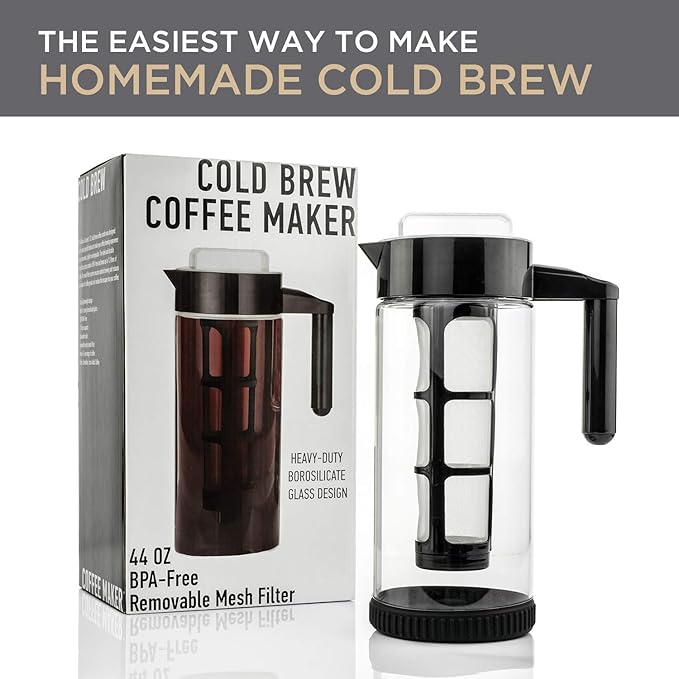 Willow & Everett Cold Brew Coffee & Iced-Tea Maker Pitcher, 1.3 L Glass Dispenser Metal & Plastic Lid Mesh Filter Iced Coffee & Sun Tea Brewing System