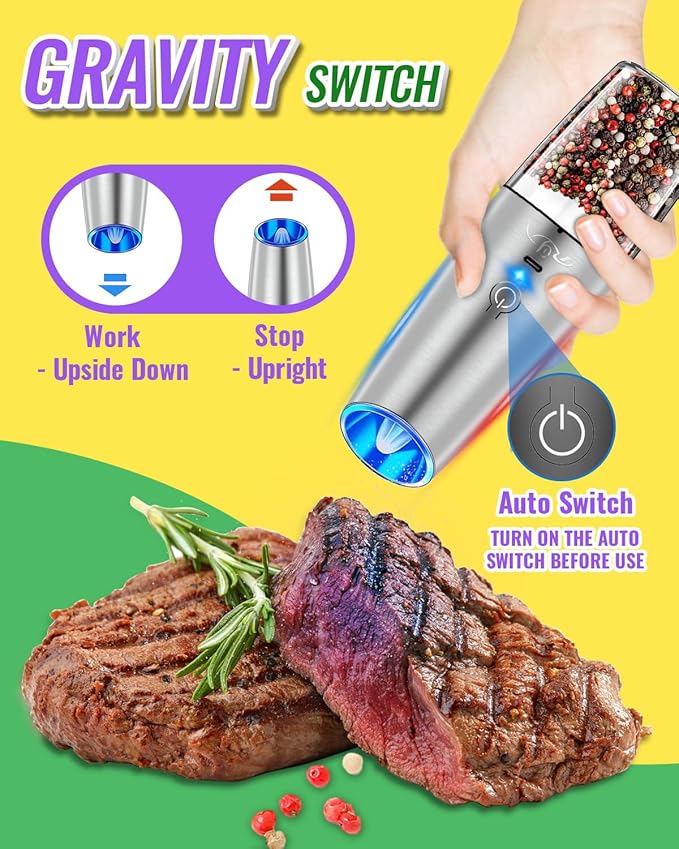 Rongyuxuan Upgraded Rechargeable Gravity Electric Salt and Pepper Grinder Set with LED lights,Stainless Steel Automatic Pepper or Salt Grinder Mill Shaker Refillable with Adjustable Coarseness,Sliver