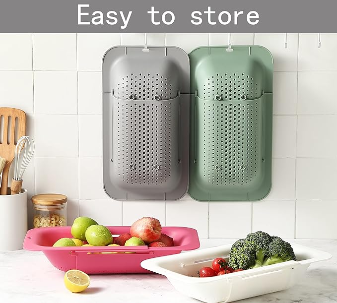 Adjustable Over the Sink Colander Strainer, Silicone Clip On Strainer for Pots Strainers and Plastic Colanders Drainer Basket for Food Pasta Vegetables Kitchen, Extendable 14.5"-19.5", Green
