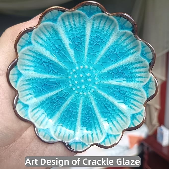 Ceramic Spoon Rest for Stove Top, Flower Cute Spoon Rest for Kitchen Counter, Cooking Spoon Holder for Kitchen Counter, Utensil Rest Spatula Rest Ladle Holder Tong Rest, 1 PC (Ice Cracks, Lake Blue)