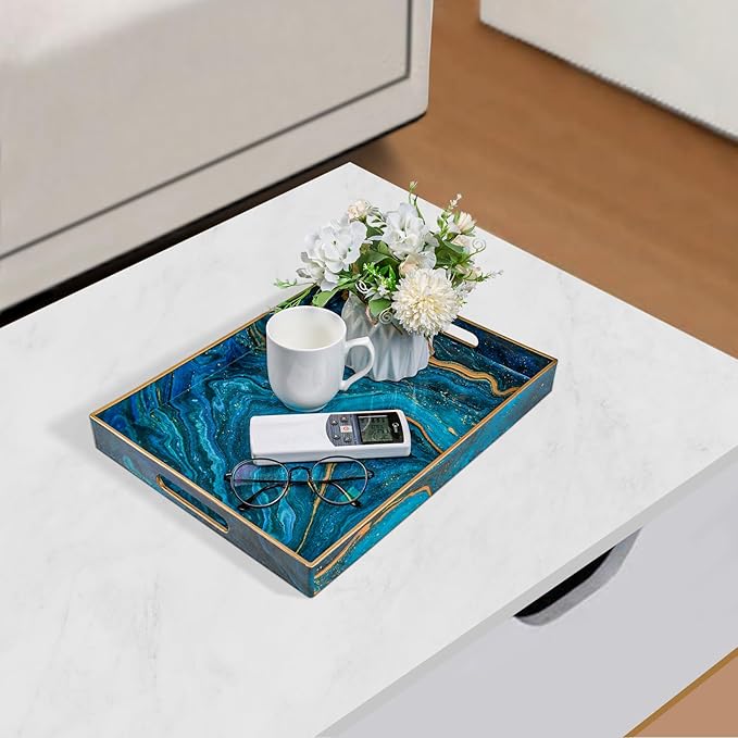 MAONAME Plastic Decorative Tray, Marbling Tray with Handles, Rectangular Coffee Table Trays, Blue Serving Trays for Ottoman, Bathroom, 15.7” x 11.8”
