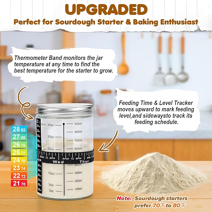 HK Sourdough Starter Kit, Sourdough Bread Baking Supplies with 9'' Round Banneton Bread Proofing Basket, 34oz Sourdough Starter Jar, Bread Lame, Dough Scraper, Dough Whisk & Silicone Baking Mats