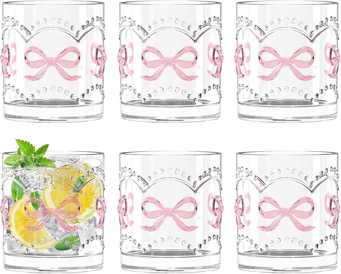 11OZ Ribbed Glass Coffee Cups Set of 6, Vintage French-Style Glasses with Delicate Pink Bow and Dot Relief, Elegant and Durable Glassware for Hot and Cold Beverages, Thick-Bottomed and Dishwasher Safe