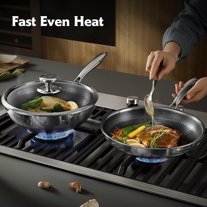 10 Pcs Non Stick Pots and Pans Set with Lids, Hybrid Stainless Steel Cookware Set, Skillet,Stock Pot,Frying Pan,Kitchen Cooking Utensils,Non Toxic,Induction,Dishwasher Safe