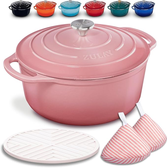 Zulay Kitchen 5 Quart Enameled Cast Iron Dutch Oven with Lid,Silicone Trivet & Heat Pad – Premium Durability & Oven Safe up to 500°F – Heavy Duty Cookware Perfect for Bread Baking, Stews, Braising & Roasting – Pink