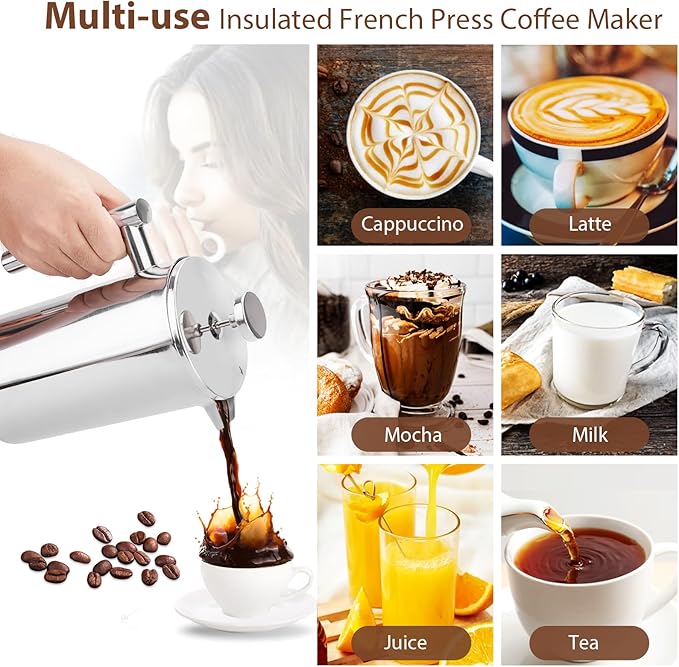 12oz French Press Coffee Maker, 350ml Stainless Steel Double Insulated Cafetiere 3 Cup Espresso Coffee Press, Portable Coffee Plunger Pot for Home, Office, Camping