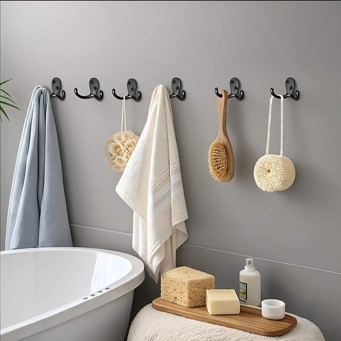 Coat Hooks Wall Hooks for Hanging - 25 Pack Black Double Prong Hook Wall Mounted - Great for Living Room, Bedroom, Entryway, Closet for Coat, Bag, Towel, Hat, Key, Cup, Heavy-Duty, Easy to Install