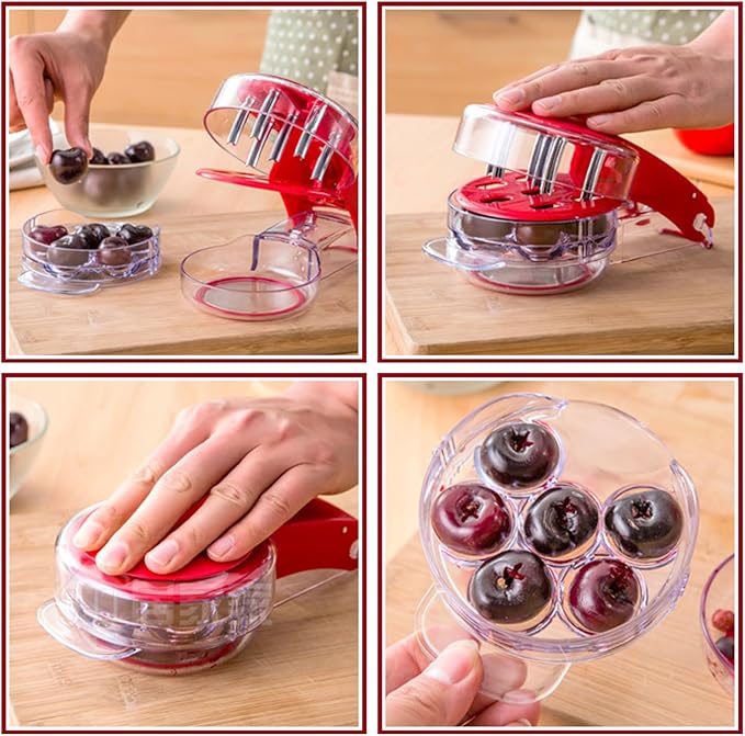 Cherry Pitter, Multi Cherry Stoner, Stainless Steel Multiple Cherry Stone Remover Tool, Cherry Seed Remover, Cherry Stone Seed Removal Core Easy Squeeze with Grip 6 Cherries Red