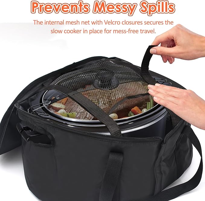Portable Slow Cooker Travel Bag, Insulated Carrier Case for Most 4, 5, 6, 7, 8 Quart Crock, Internal Mesh Net Holds Pot in Place, Slow Cooker Carrier