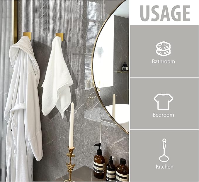 VIS'V Adhesive Towel Hooks, Waterproof Shower Wall Stick on Hooks, Gold, 4 Pcs