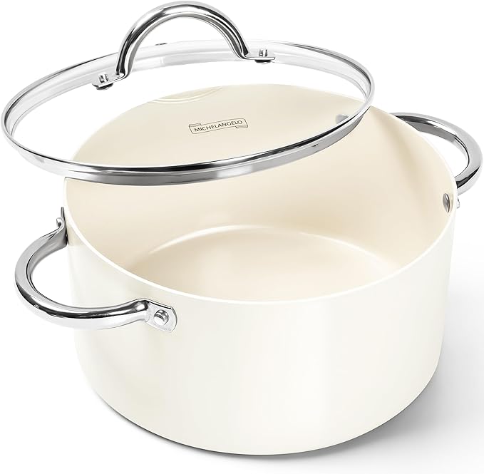 MICHELANGELO Stock Pot with Lid, Nonstick Cooking Pot, 5 Quart Soup Pot with Lid, Non Stick Pots with Stainless Steel Handle, Induction Compatible, Cream