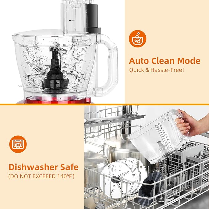 Homtone 16 Cup Food Processor, 6 Preset Modes& Stepless Speed Control for Dough Kneading, Meat Chopping, Slicing, Shredding, French Fries Potato Cuting, Cheese Grating& Whipping Cream, 650W, Red