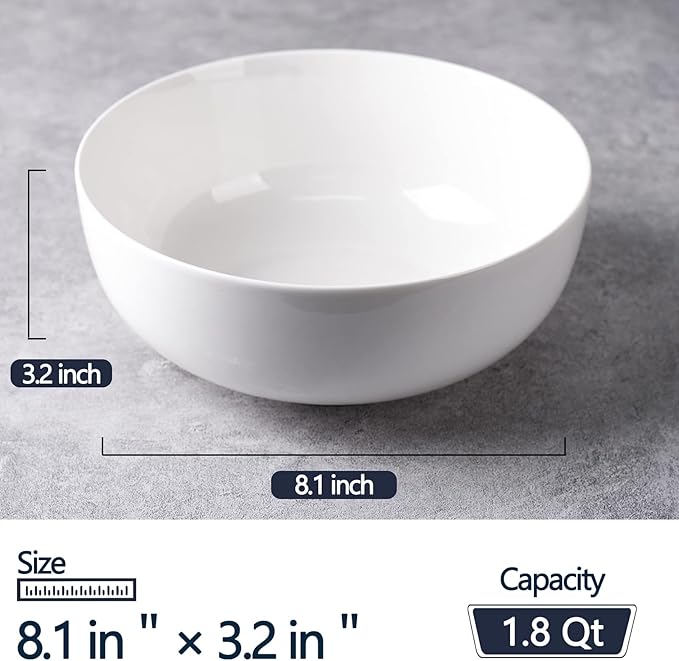 DELLING 60 Oz Large Serving Bowls Set, 8" White Soup Bowls Big Salad Bowls for Kitchen, Ceramic Mixing Bowls For Pasta, Soup, Fruit Vegetable, Ramen, Microwave & Dishwasher Safe, 3 Pack