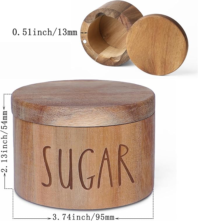 Acacia Wood Spice Box with Swivel Lid and Built-in Spoon for Kitchen Countertop,Farmhouse Kitchen Decoror for Storing Salt, Peppers, Sugar or Seasonings (Labeled “SUGAR”)