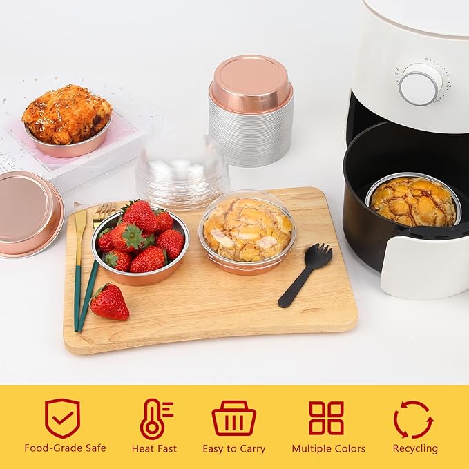 LNYZQUS 8oz Mini Cake Pans with Lids 50 Pack, 4” Disposable Small Pie Pans Aluminum Foil Baking Tins Ramekins,Small Baking Pans Muffin Containers Holders for Wedding Party-Champagne