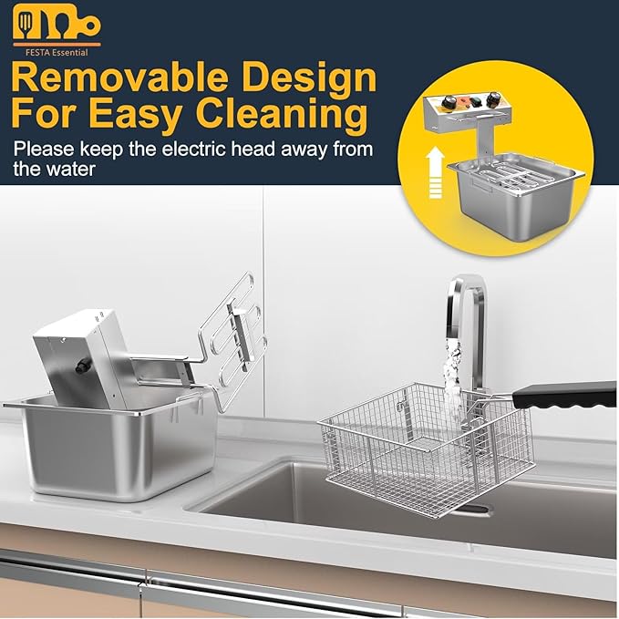 13.6QT Electric Deep Fryer with 6L(6.5QT)Frying Basket&Lid,1750W Stainless Steel Commercial Countertop Single Tank Oil Fryers with Temperature Control&Timer for Home Kitchen Restaurant