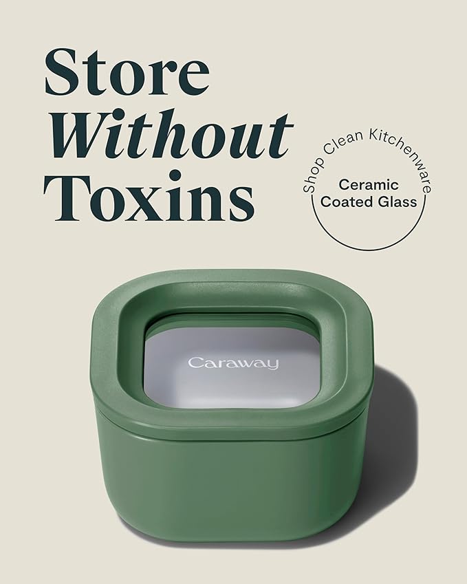 Caraway Mini Square Food Storage Container - 1.75 Cup Glass Storage Container for Food - Non-Toxic Ceramic-Coated Glass - Air Release Technology - Compact & Stackable Design - Sage
