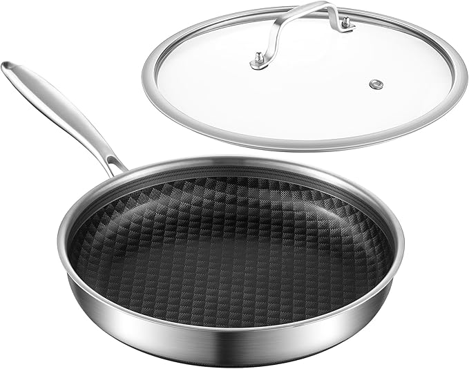10-Inch Non Stick Frying Pans, NonStick Stainless Steel Pan Set, Tri-Ply Skillets and Pan Set with Lid, Induction Cooker Compatible, Cool-Touch Handle, Dishwasher and Oven Safe