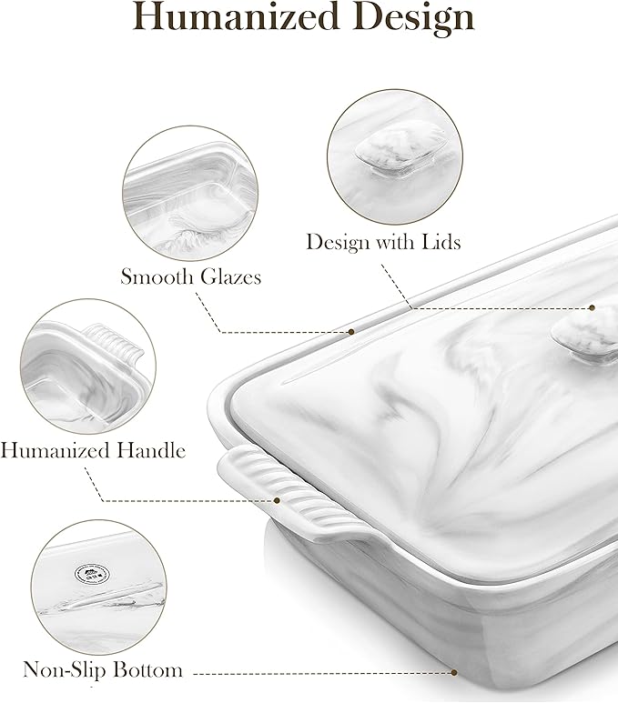 MALACASA Casserole Dish With Lid, 3.4 Quart Baking Dish With Lid, Lasagna Pan Deep Ceramic Bakeware Covered Casserole Dish, Microwave, Oven Safe, Series BAKE-GREY