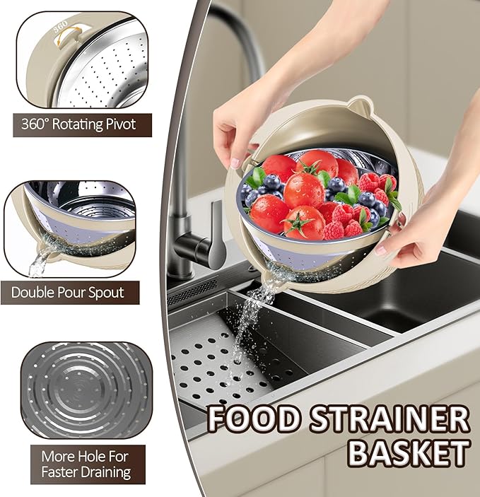Colanders, 4-1 Colander with Mixing Bowls Set, Strainers for Kitchen, Food Strainers with Grater, Kitchen Gadgets Strainer Basket for Draining Pasta, Vegetable, Fruit & Veggie Washerl,Beige