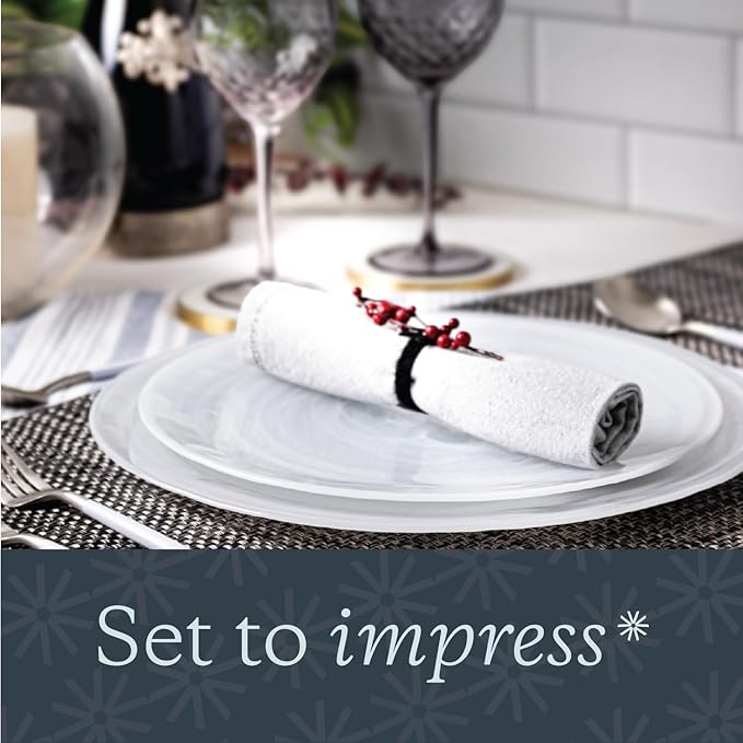 Vikko Dinner Plates, Set of 4 White Alabaster Plates, 11" Plate with Marbelized, Swirl Design, Elegant Glass Plate, Dishwasher Safe