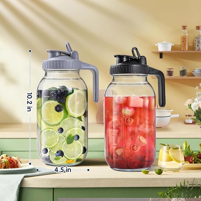 64oz Glass Pitcher with Lid, Wide Mouth Mason Jar Water Jug, Leak-Proof Airtight Mason Jar for Cold Brew Coffee, Iced Tea, Milk, Food Storage, Sun Tea Jug (Black)