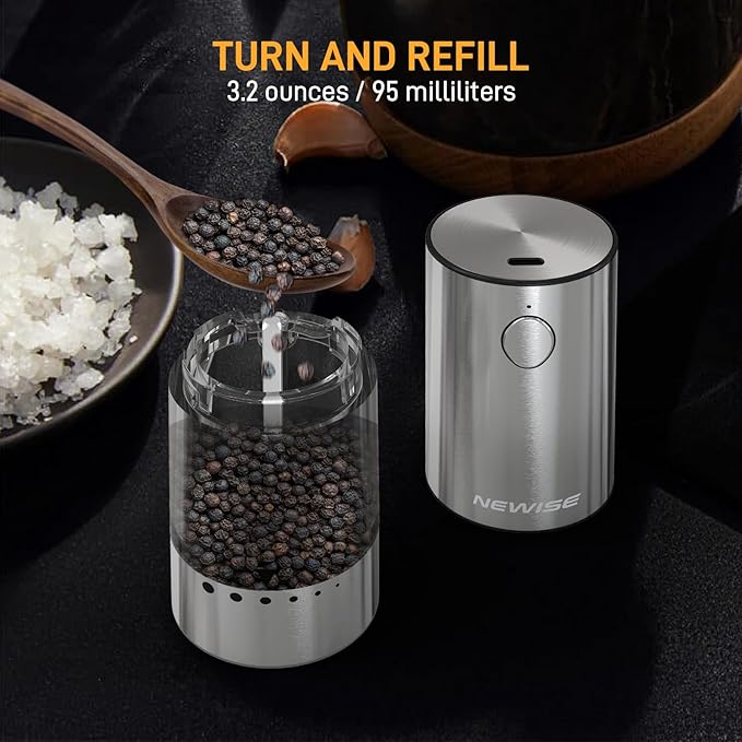 Electric Salt and Pepper Grinder Set, Rechargeable with LED Lights, Stainless Steel Automatic Pepper & Salt Mill, Adjustable Coarseness, Large Capacity, Silver