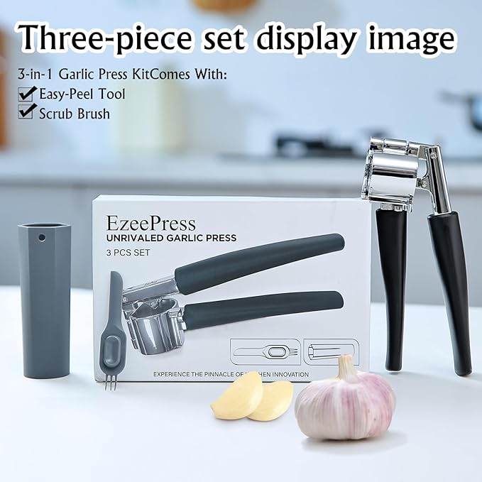 Garlic Press Mincer, Crusher Set with Removable Chamber - Ergonomic Handle, Dishwasher Safe, Easy to Clean for Kitchen, Cooking, Restaurants
