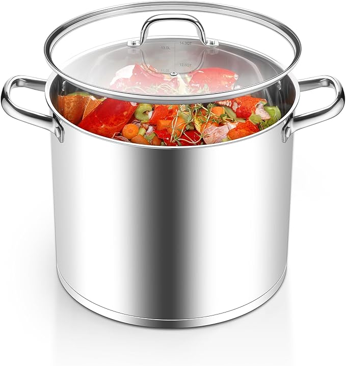 Homikit Large Stock Pot 14 Quart, Stainless Steel Chicken Soup Pot with Lid for Canning Steaming Stewing, Tri-ply Heavy Bottom Cooking Boiling Pasta Induction Stockpot, Dishwasher Safe
