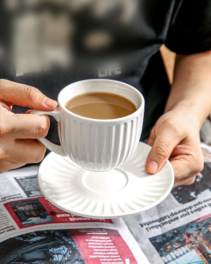 Hasense Ceramic Cappuccino Cups and Saucers - 8 Oz, Large Ribbed Latte Cups Set of 4 for Coffee,Tea,Latte and Macchiato, Demitasse Cups Set Aesthetic Gifty, White