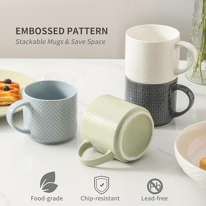 Hasense Coffee Mugs,15oz Coffee Cups Set of 4 with Stackable Storage Rack, Durable Porcelain, Microwave & Dishwasher Safe, Space-Saving Mug Set for Kitchen and Office, Multi Color