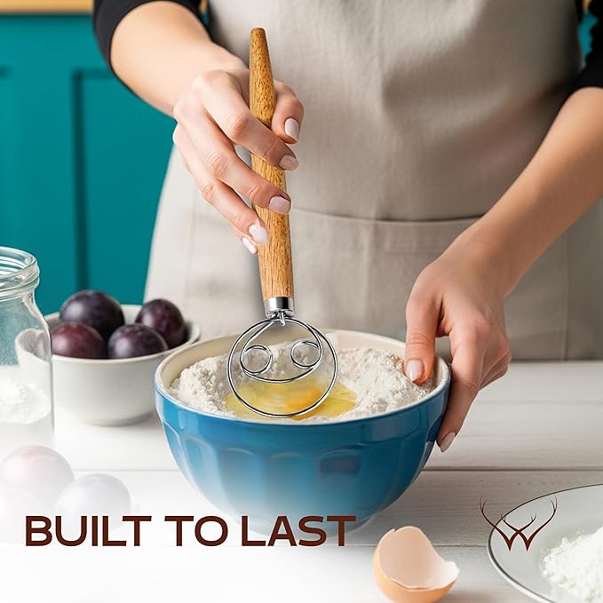 13 Inch Danish Dough Whisk Stainless Steel Hook with Long Wooden Handle – Essential Dough Whisk & Sourdough Bread Baking Supplies for Mixing, Whisking & Baking Pizza Dough - Sourdough Tools