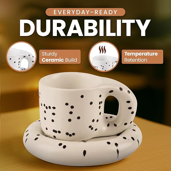 10oz Nordic Ceramic Coffee and Tea Mug – Cute Novelty Cup and Saucer Perfect for Coffee Lovers Gifts and Kitchen Essentials (White w/Black Speckles)