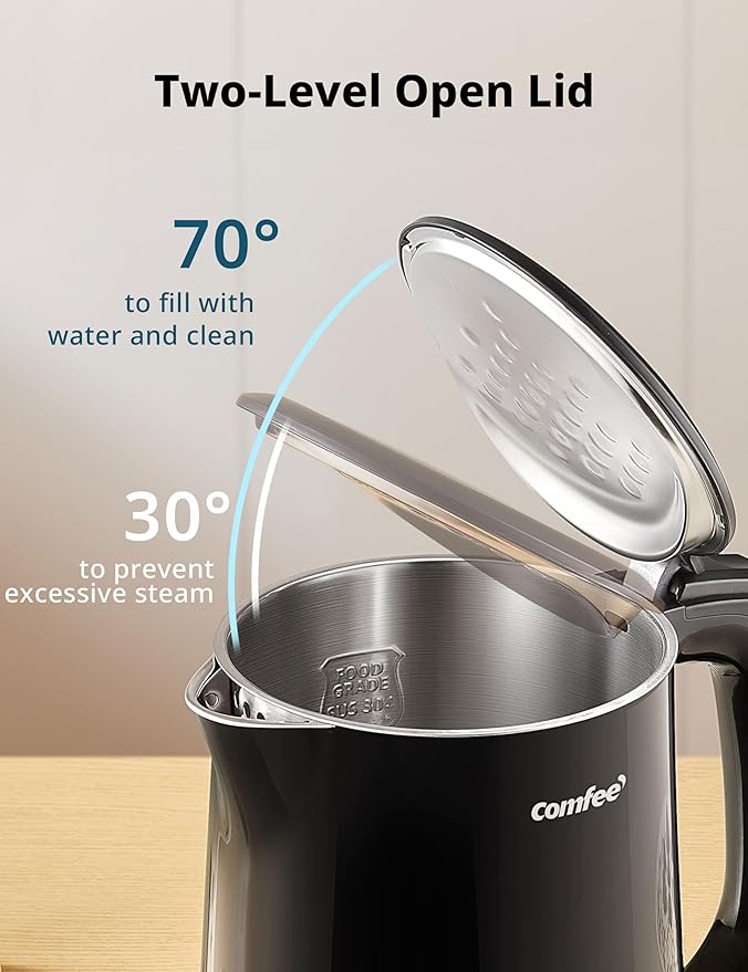 COMFEE' Electric Kettle and Tea Kettle, 1.5L Double Wall, Stainless Steel Interior, Lid & Spout, Fast Boil, Auto-Off, and Boil-Dry Protection, 1500W